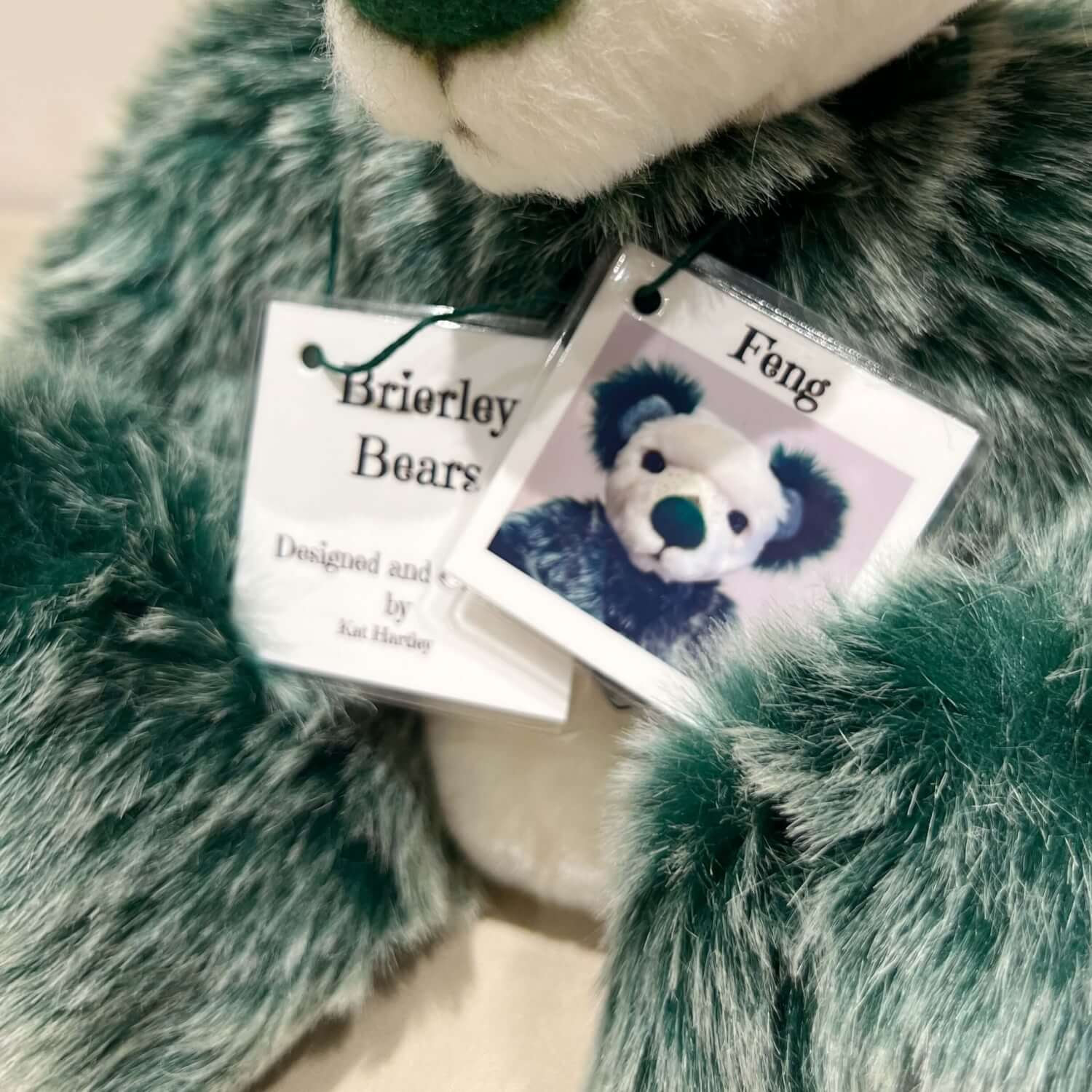 Front of individually designed identity hang tags for Feng by Brierley Bears
