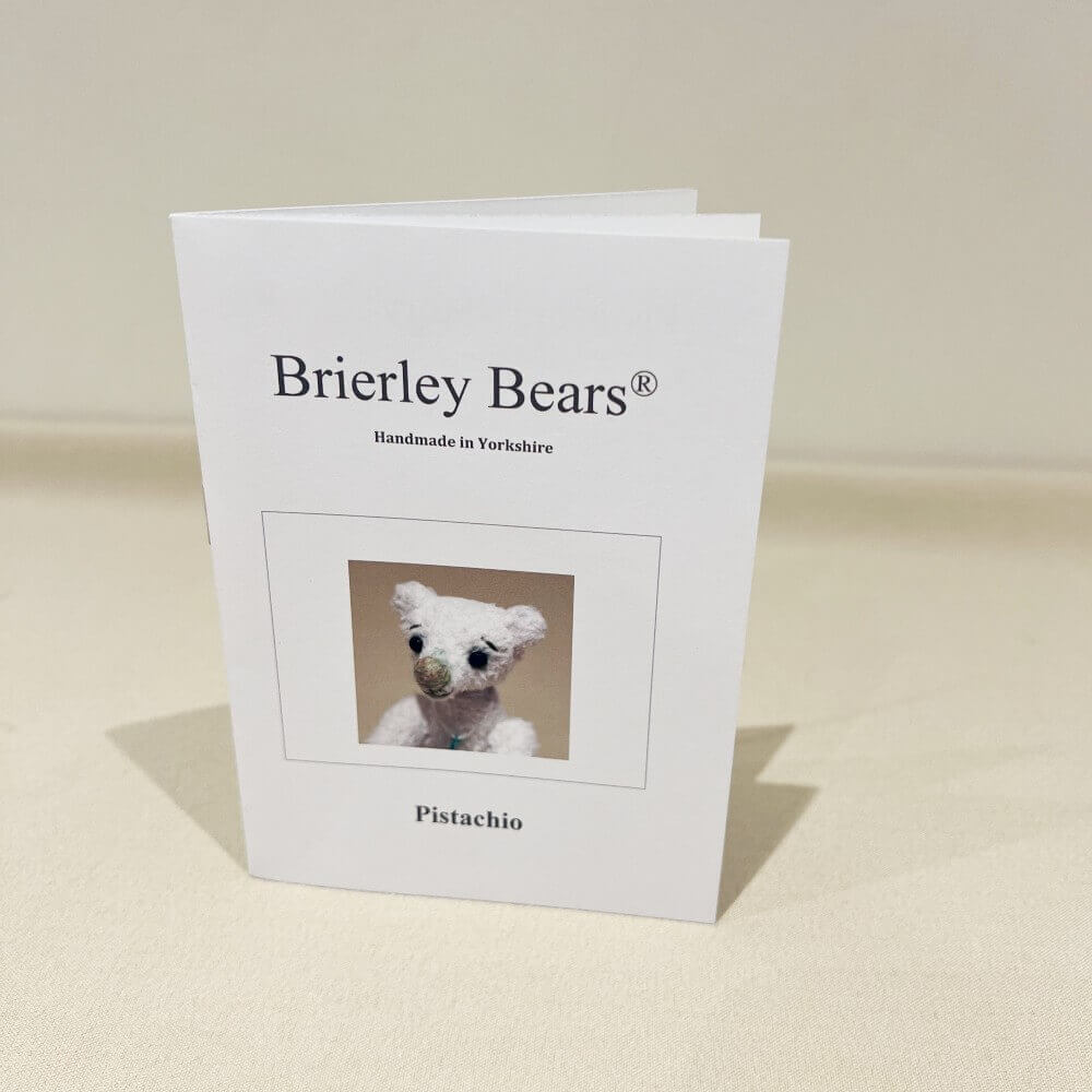 Information booklet for Pistachio by Brierley Bears, includes birthday, biography and care instructions