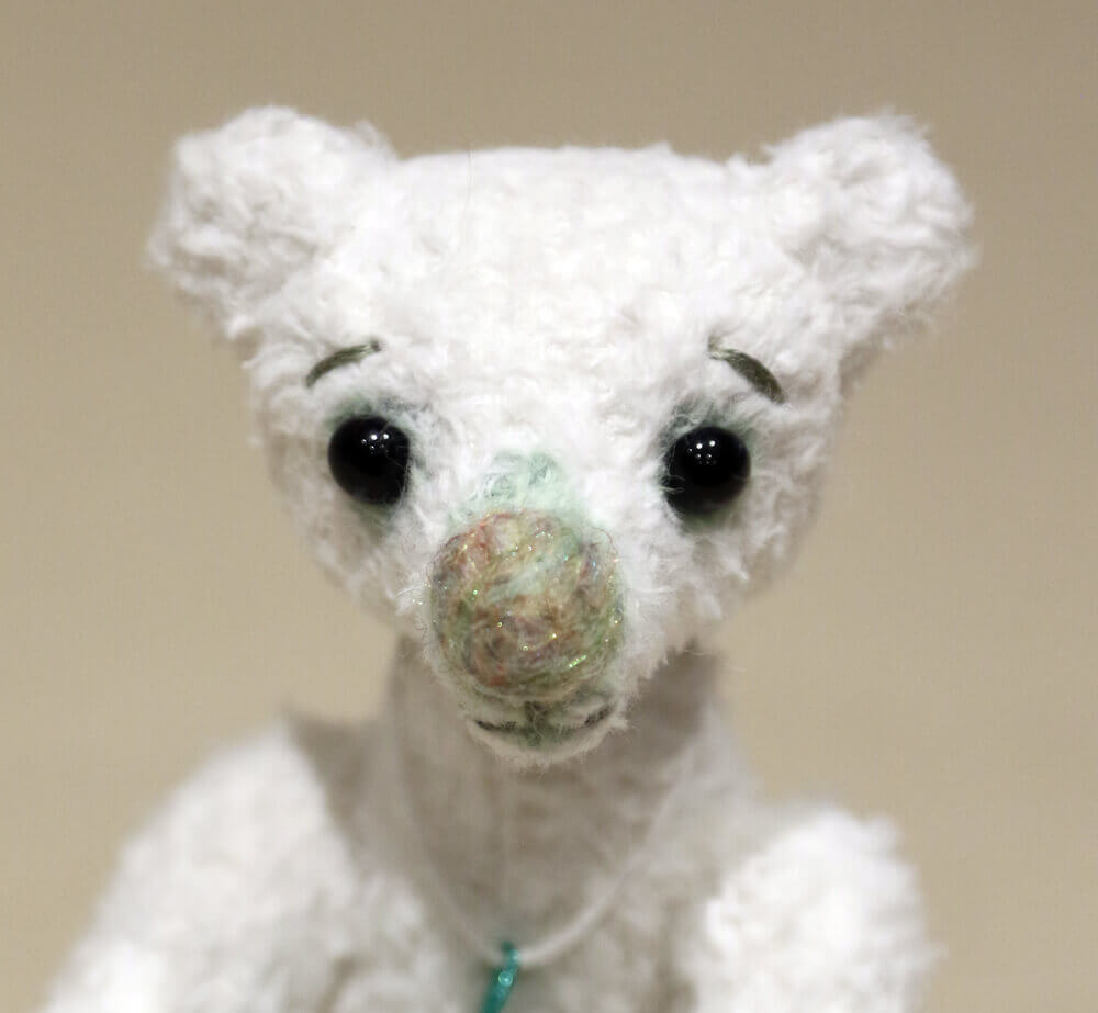 Brierley Bears - handmade bear Pistachio. White viscose bear with large needlefelted nose. head.